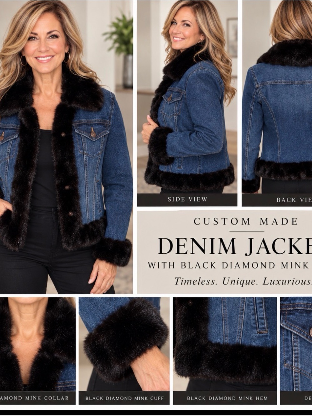 Custom Denim Jacket with Black Mink Trim - Blue Never Worn